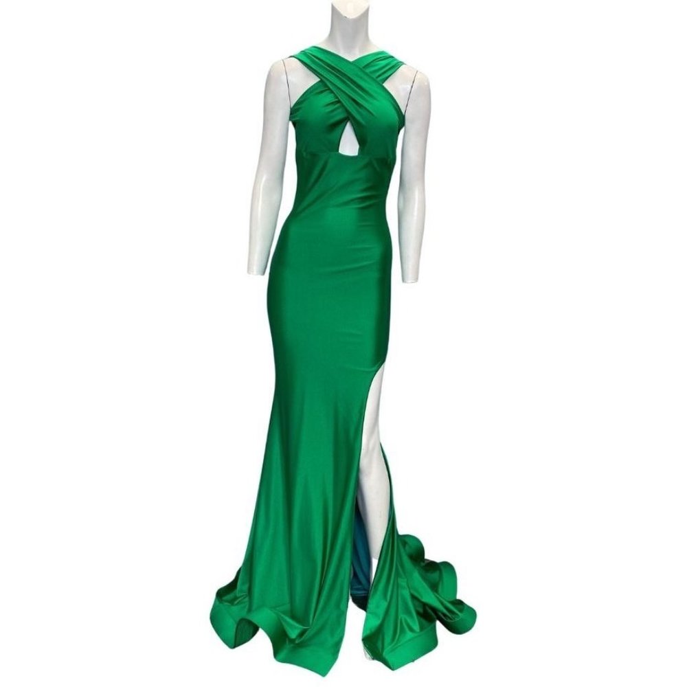 Jessica Angel Keyhole Cross Front High Slit Low Back Gown Green Size Small NWT